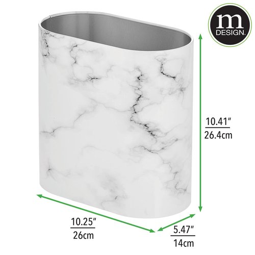mDesign Slim Pill-Shaped Metal 1.98 Gallon/7 Liter Recycle Trash Can Wastebasket, Garbage Container Bin for Bathrooms, Kitchen, Bedroom, Office, Durable Stainless Steel, Mirri Collection, White Marble