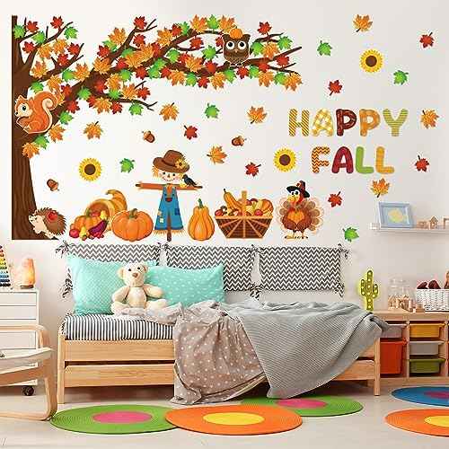 Fall Tree Bulletin Board Decorations for Classroom,Fall Autumn Thanksgiving Classroom Decorations with Big Tree Pumpkin Maple Leaf Turkey Scarecrow Cutout for School Home Chalkboard Wall Decor 136PCS