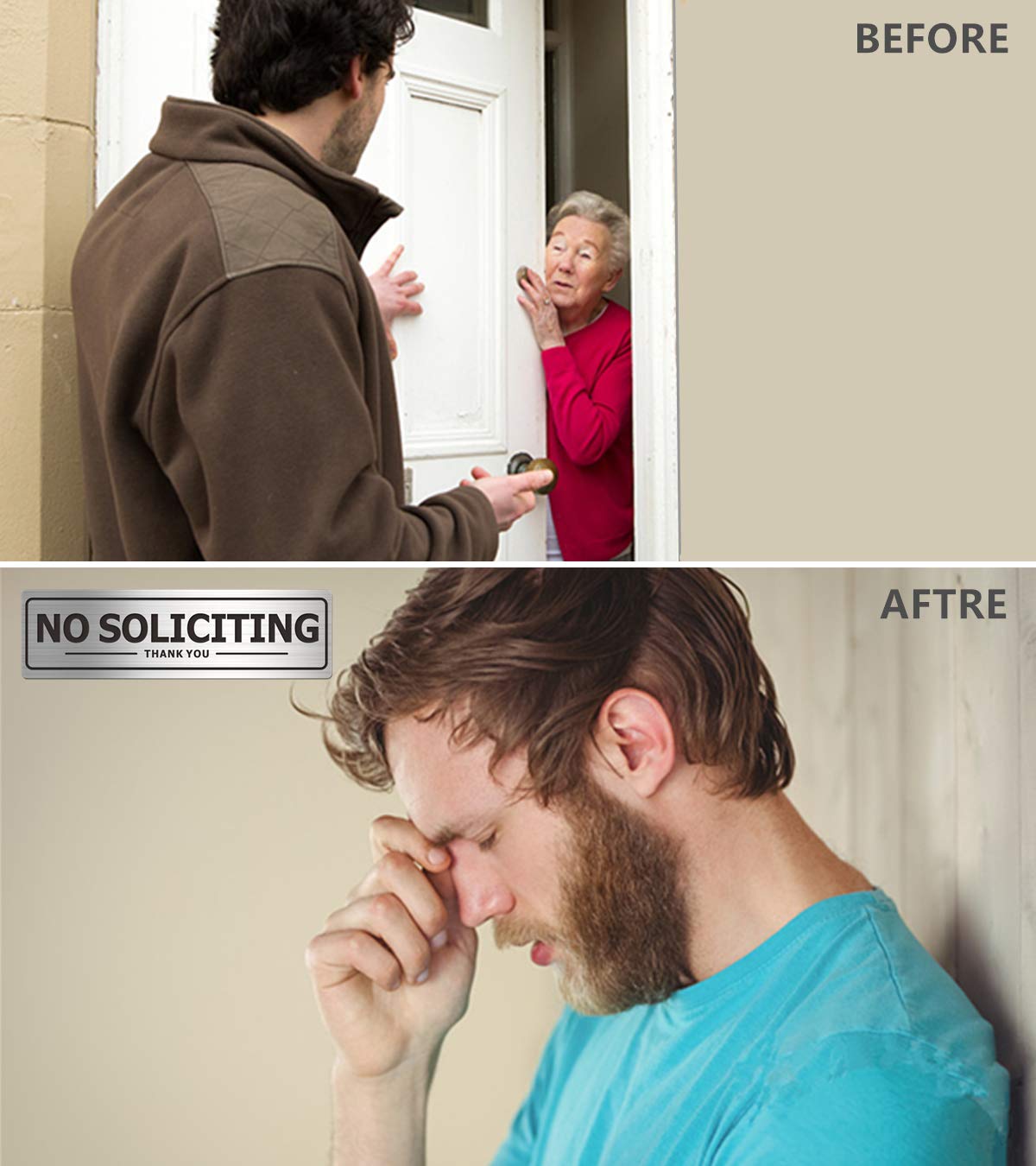 No Soliciting Sign - Door Signs for House Business and Office Wall - Aluminum Metal with Strong Self Adhesive (2 Pack, Silver 7×2 inches)