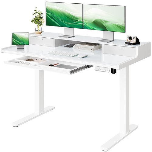 Marsail Glass Electric Standing Desk with Drawers, 48 x 24 Inch Stand Up Desk with Monitor Stand, Height Adjustable Desk with Drawers for Home & Office, 4 Preset Heights, White