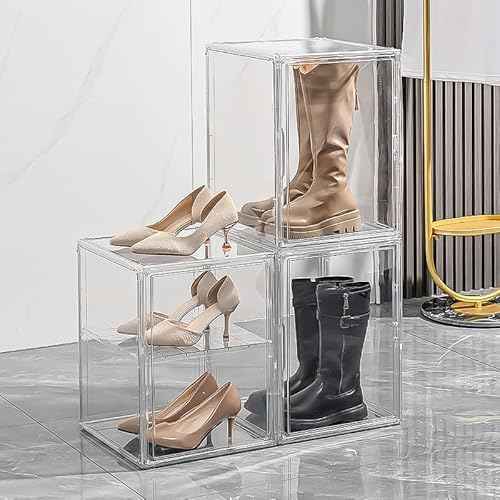 3X-Large 4 Tiers 17.7"X13"X13" Acrylic Display Case with 3 Division Boards, Clear Organizer Box Plastic Holder with Magnetic Door for Handbags, Purses, Boots, Figures, Book