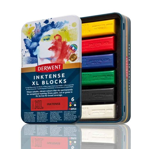 Derwent Inktense XL Blocks 6 Tin, Set of 6, 60mm Extra-Large Block, Water-soluble, Ideal for Sketching, Drawing and Expressive Mark Making, Professional Quality (2306161)