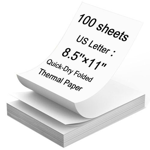 Thermal Printer Paper 8.5 x 11 Inch, 100 Sheets US Letter Size Thermal Paper, Compatible with M08F/A40 Thermal Portable Printer, Continual Feeding Folded Printing Paper (100 Sheets/Continuous Folding)