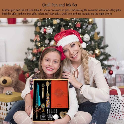 Aifeiter Quill Pen and Ink Set, Feather Calligraphy Set With Wax Seal Stamp, Notebook - Beautiful Gift for Christmas - Green