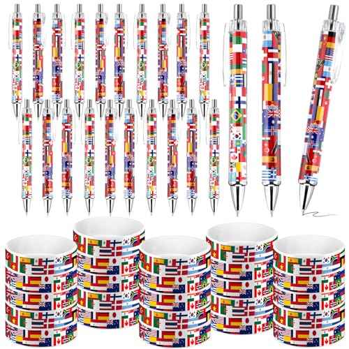 144 Pcs Around the World Party Favors International Flag Retractable Pens Country Flag Rubber Bracelets Multicultural Classroom Christmas Holiday Around the World Decorations