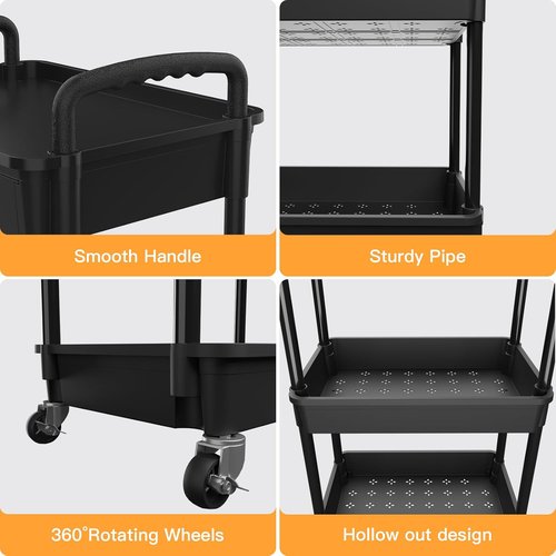 Rebecat 3-Tier Rolling Utility Cart - Multifunctional Storage Organizer for Kitchen, Bathroom & Office | Black