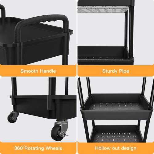 4 Tier Rolling Utility Cart with Drawer,REBECAT Utility Cart Made of Multifunctional Storage Organizer Tool for Kitchen,Bathroom,Living Room,Office(Black)