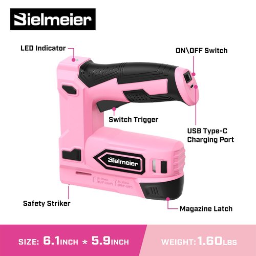 Bielmeier Pink Cordless Staple Gun, 2-in-1 Nail Gun Battery Powered with 2600Pcs Staples and Nails, 4V Brad Nailer Tacker Electric Stapler for Upholstery, Material Repair, Carpentry, Wood, DIY