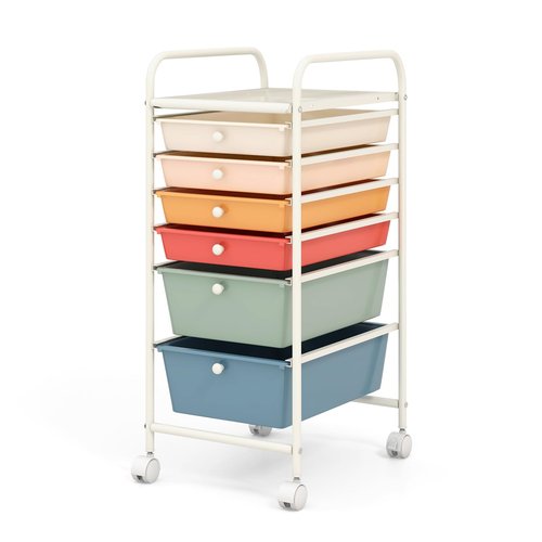 COSTWAY 6-Drawer Rolling Storage Cart, Multifunctional Art Craft Tools Organizer on Wheels, Heavy Duty Utility Mobile Storage Trolley w/ 2 Lockable Wheels for Home Office School, Macaron