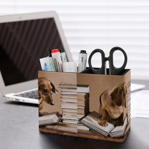 Niapessel Pencil Holder for Desk, Funny Dachshund Animal Pen Holder Storage Desktop Pen Organizer Desk Pencil Organizer Makeup Brush Holder for Office School College Leather
