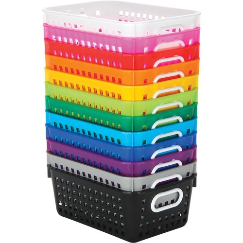 Really Good Stuff Medium Plastic Book Baskets, 11" by 7.5" by 4.5" - 12 Pack, Rainbow, Versatile Storage Solution for Classroom, Home and Office l Toy Storage, Multi-Purpose Organizer Basket
