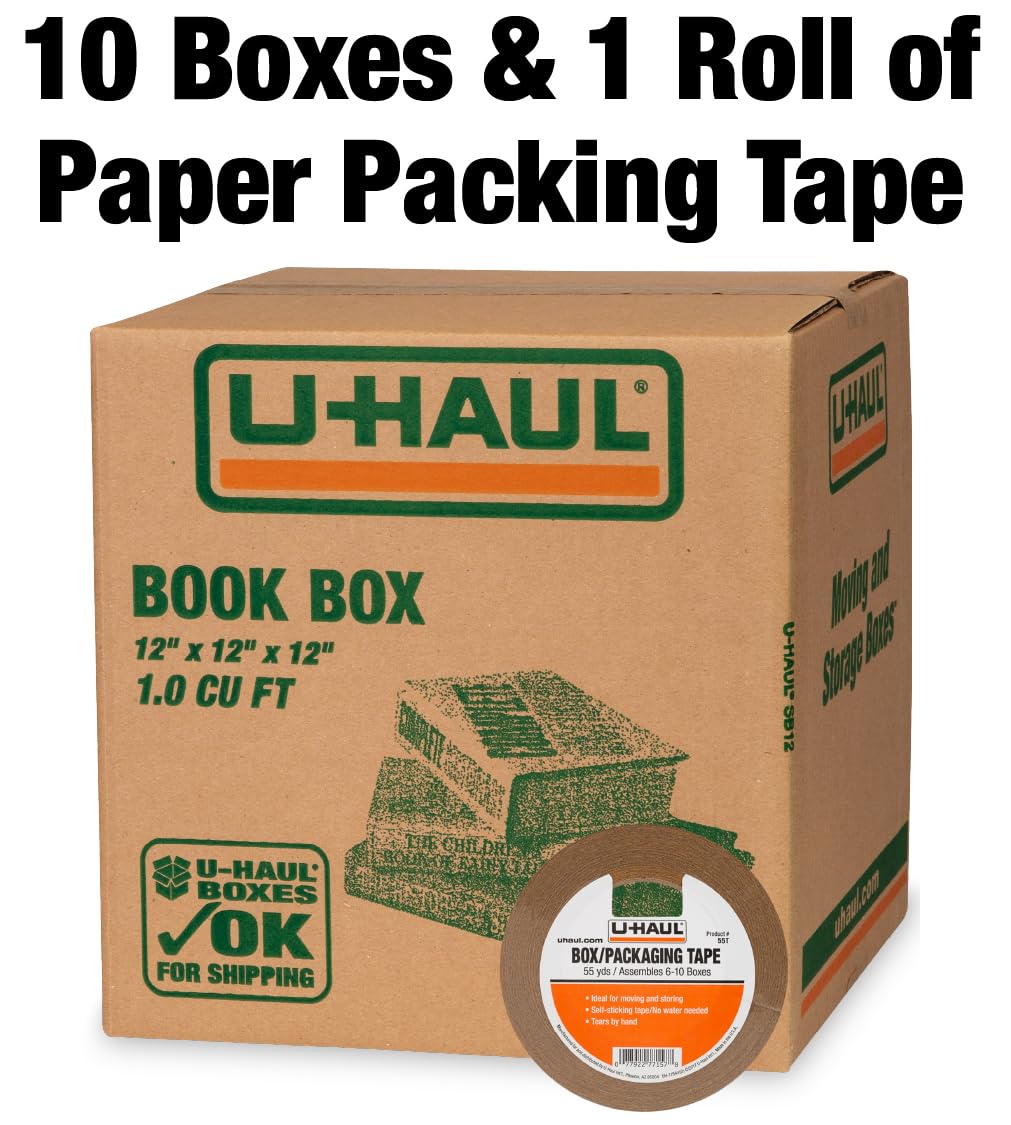 U-Haul 11-Piece Book Moving & Shipping Box Kit with Handles – Includes 10 Book Boxes (12” x 12” x 12” L x W x H) and 1 Roll of Packing Tape
