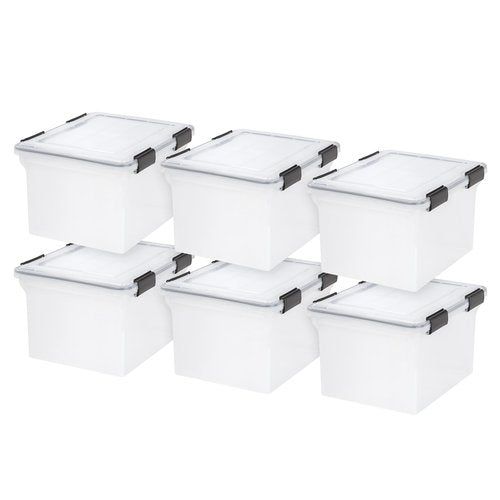 IRIS USA 32 Quart WEATHERPRO Plastic Storage Box with Durable Lid and Seal and Secure Latching Buckles, Clear with Black Buckles, 6 Pack