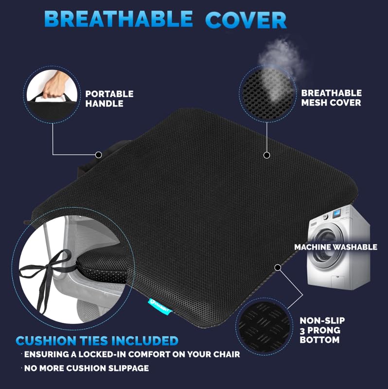 X-Large Gel Seat Cushion for Long Sitting – 2 Inch Ultra Thick, Non-Slip, Portable for Office/Car/Wheelchair
