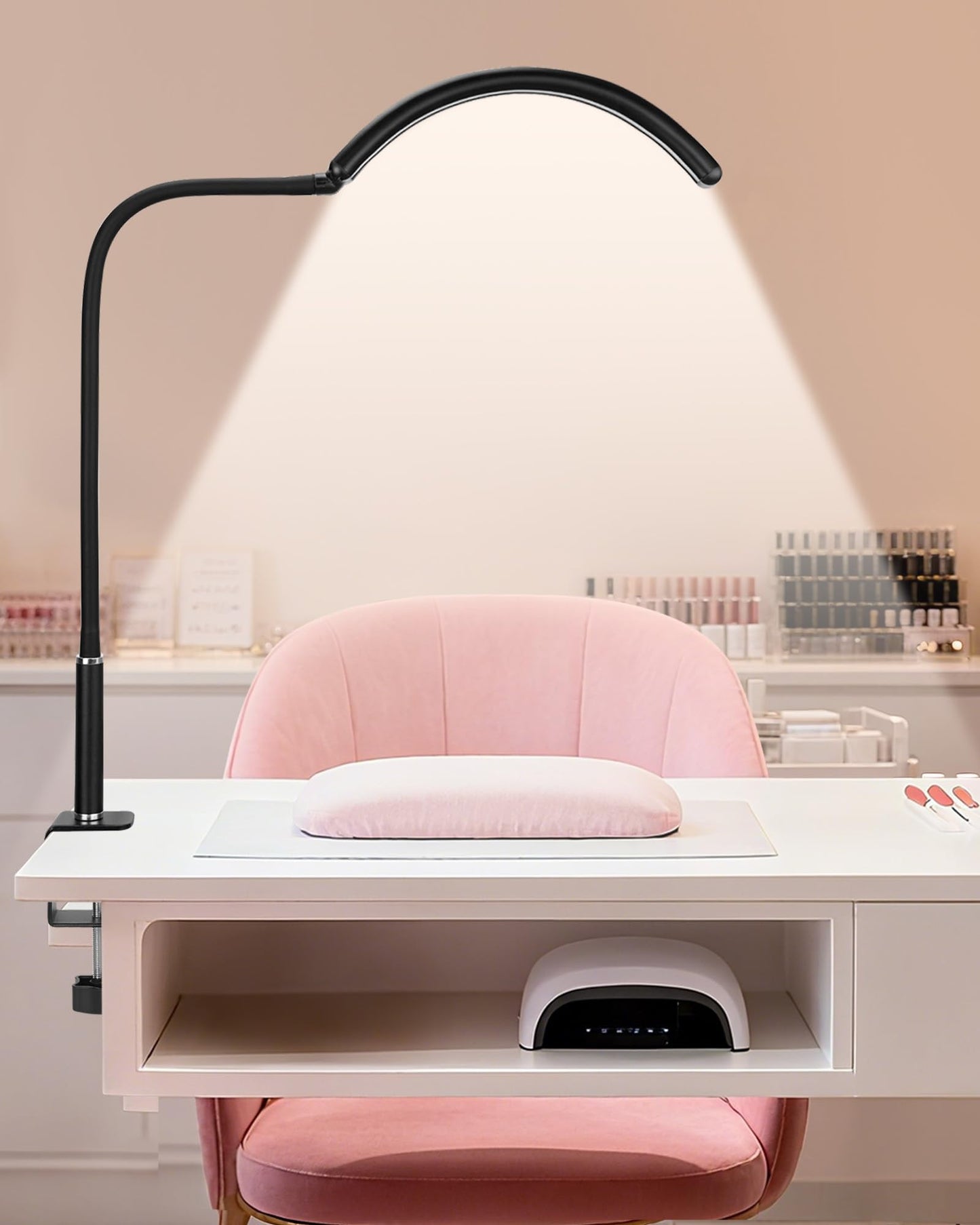 ZEKAHOV Professional Half Moon LED Desk Light for Nail Techs & Artists – Flexible Gooseneck Lamp with Clamp, 5 Color Modes & 5 Brightness Levels for Manicure, Tattoo, Beauty Work