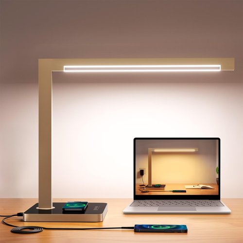 Hengsense Aluminum LED Desk Lamp with Charging Station, Large 15W Table Lamp with Type-C Ports & 4 Color Temperature Modes(3000K-6000K), Dimmable Desk Light for Home Office,Bedroom (Includes Adapter)