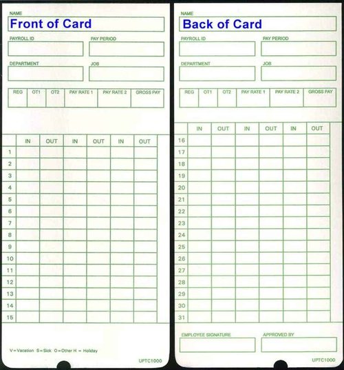 800 uPTC1000-1 Compatible Time Cards for Non-Calculating uPunch HN3000 AutoAlign Time Clock (fits HN1000, HN1500, HN3000, HN3500, HN3540, UB1000)