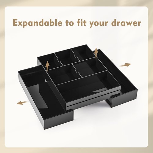 Briwooody 1 Pc Acrylic Desk Drawer Organizer Maximum 12 x 18 x 2.1 Inch Expandable Drawer Organizer Trays with 8 Adjustable Compartments Desk Accessories for Makeup Silverware Office Bathroom (Black)