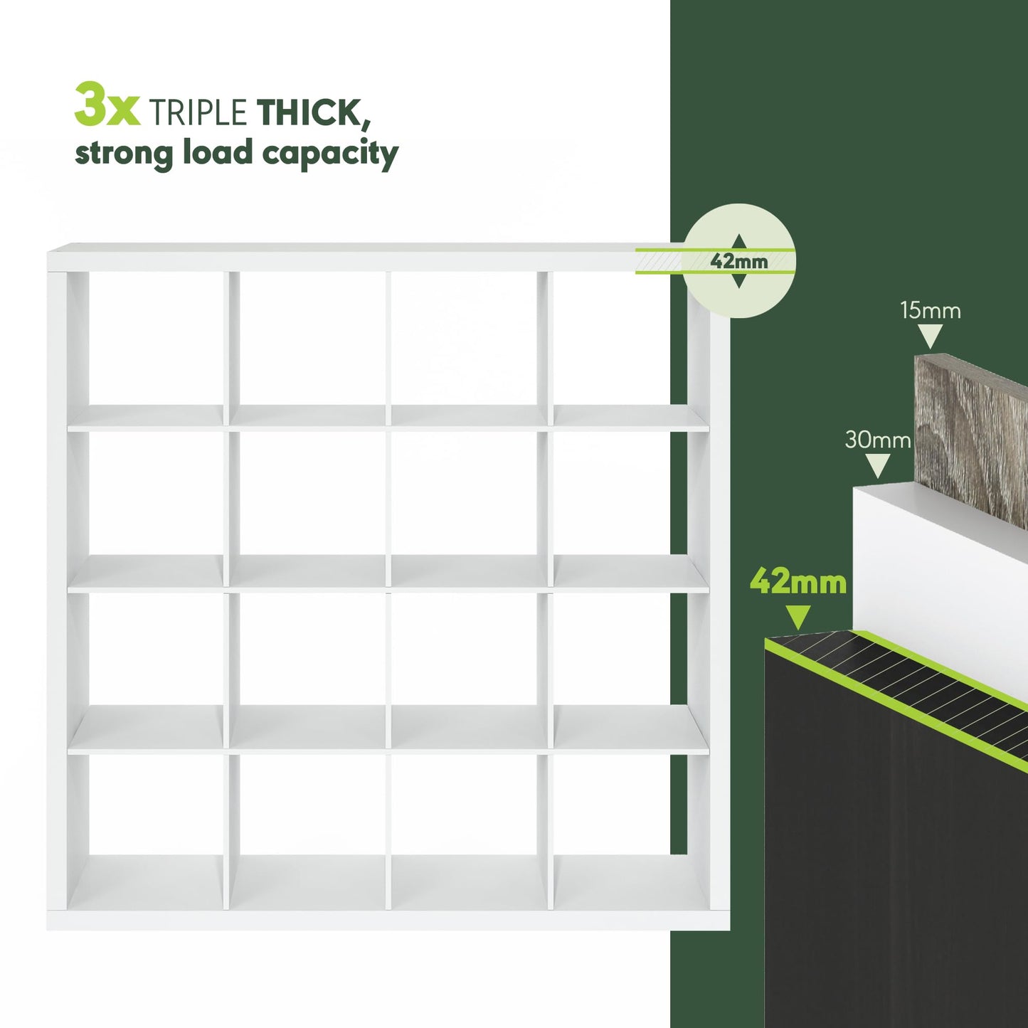 Furinno Cubicle Book Shelf, 16-Cube Bookshelf, Triple Thick Frame Cube Storage Organizer, 1.65" Bookcase, 15.4 x 57.4 x 56.9, for Home Office, Living Room, Plain White