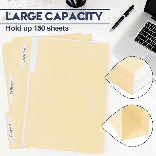Manila File Folders - 150 Pack Bulk | Letter Size 8.5" x 11" with Assorted 1/3 Cut Tabs & Blank Labels