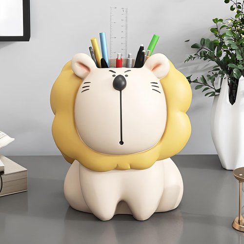 ZKSYLSM Lion Pencil Holder for Desk, Cute Pen Cup Organizer - Resin Animal Pen Holder, Desk Decor for Office Home Classroom, 3.1x4.3x4 Inch, Beige Yellow