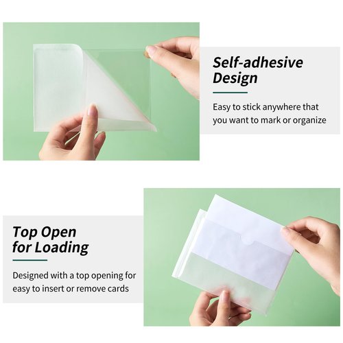 Ohuimrt 52 Pack Clear Adhesive 3" x 5" Index Card Pockets with Top Open, Plastic Card Sleeves Index Card Holder for Organizing Storage Bins, Library Cards, Notes, Drawer