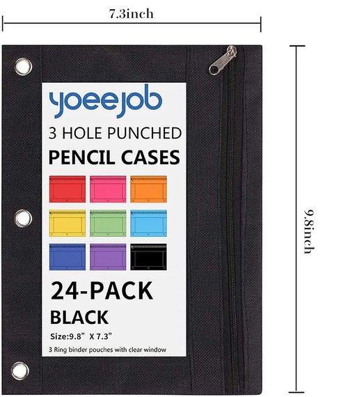 YoeeJob Pencil Pouch for 3 Ring Binder, Binder Pouches with Zipper Bulk, Pen Holder Case with Clear Window School Class Office Organizers, 24 Pack, Black