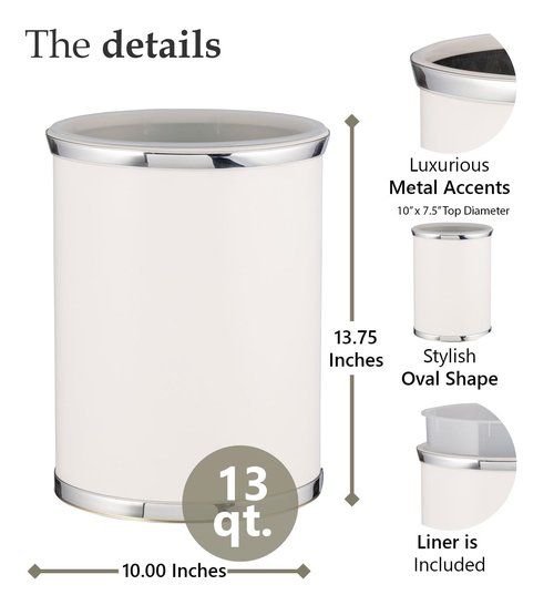 Kraftware Sophisticates Oval Wastebasket with Plastic Liner, Adding Classic Style to The Bathroom and All Other Rooms in The Home or Office, 13 Quart Capacity, 2 Piece Set, White with Polished Chrome