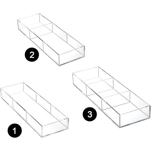 Peohud 2 Pack Acrylic Drawer Organizer Tray, 6/3 Section Clear Makeup Tray Organizer for Drawer, Junk Drawer Storage for Office Desk Supplies and Accessories