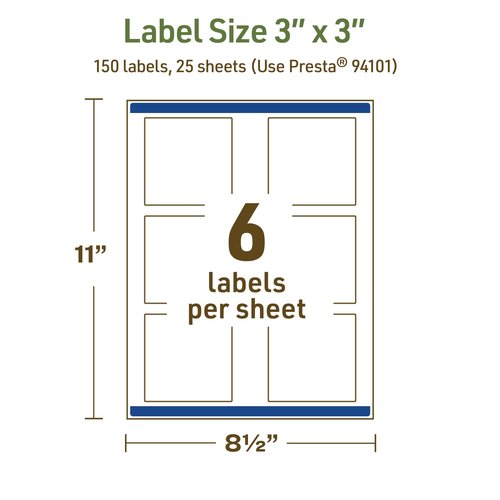 Avery Dissolvable Square Labels, Sure Feed Technology, 3" x 3", Matte White, Print-to-The-Edge, Laser/Inkjet Printable, 150 Labels Total