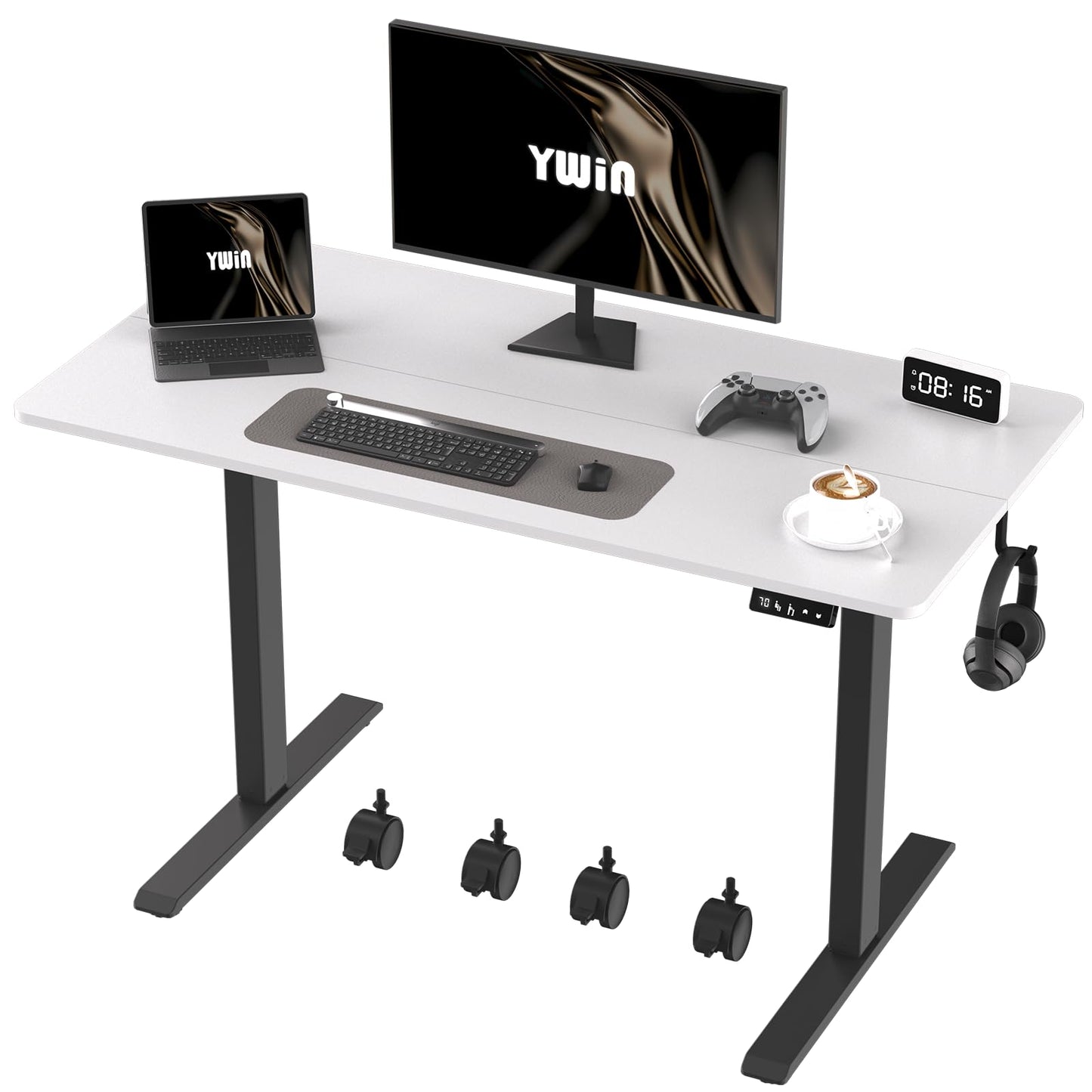 Ywin Electric Height Adjustable Standing Desk with Wheels, 55 x 24 Inches Computer Desk, Home Office Desk, Ergonomic Stand up Desk for Home Office