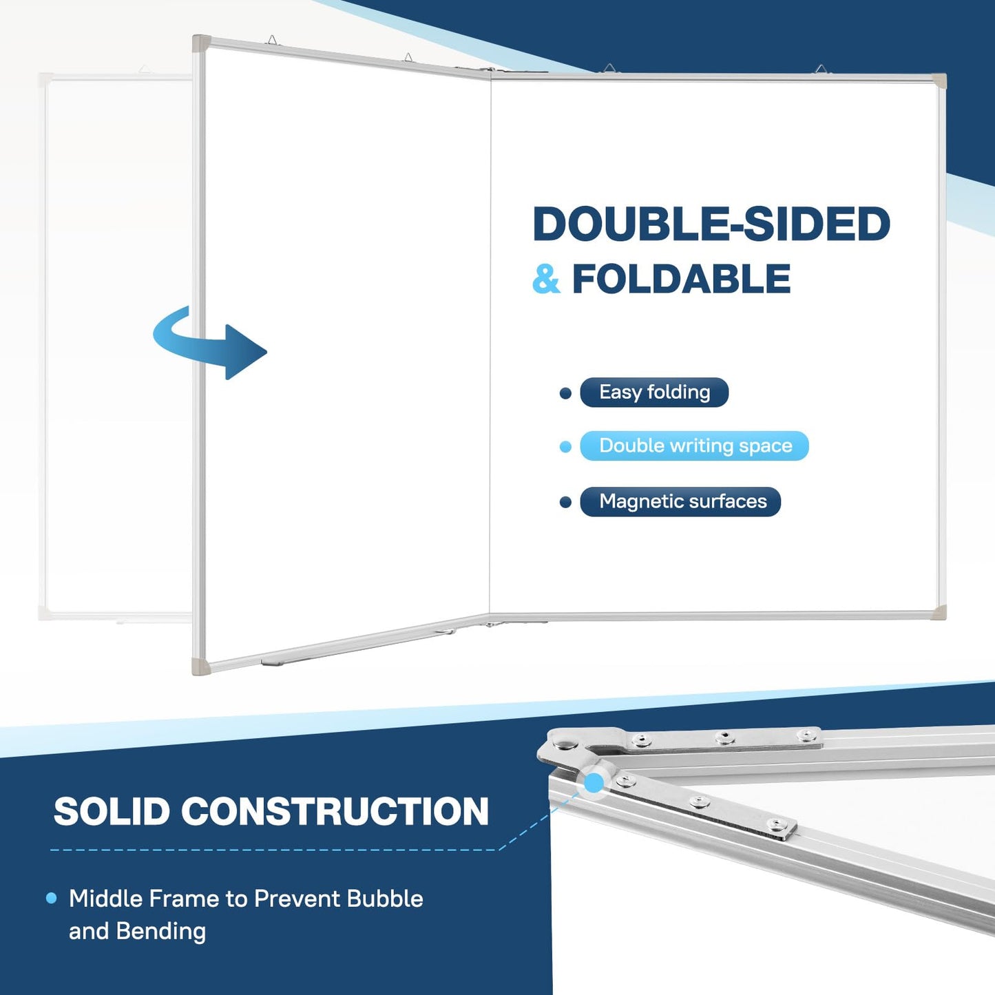WALGLASS Large White Board Dry Erase Board, 60" x 40" Double-Sided Foldable Dry Erase Board for Wall, Magnetic Whiteboard for Office, Home, School, Kitchen
