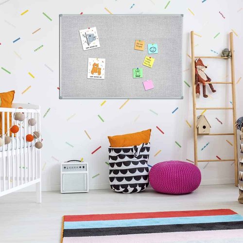 Lockways 36" x 24" Premium Cork Bulletin Board, Light Grey Framed Linen Fabric Pinboard with Silver Aluminum Frame for Home, Office & Kitchen Organization