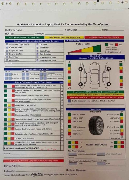 A Plus Dealer Supplies Multi Point Inspection Form - 2 Part - AP-FD-QC-O - 500 Quantity (P8*)