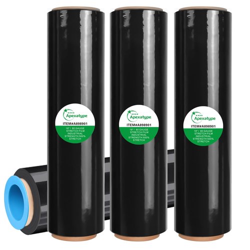 18" x 1500' Black Plastic Shrink Wrap Roll - 80 Gauge, 500% Stretch Industrial Strength Moving Wrap, Heavy Duty Pallet & Furniture Protection - 4 Roll Bundle Stretch Wrap with Handles