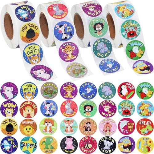 2000Pcs Reward Stickers, 4Rolls Animal Styles Teacher Motivational Sticker for School Classroom Supplies