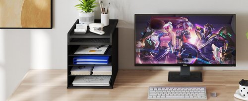 Aothia Desk Organizer with 4 Sliding Trays – Metal File Organizer for Desktop, Hanging Under Desk Organizer and Paper Tray Shelf, Space-Saving Office Document Sorter, Black