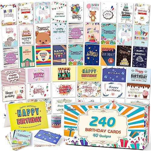feela Birthday Cards Bulk, 240 Pack 40 Designs Happy Birthday Card Assortment Box with 240 Blank Envelopes, 252 Pieces of Stickers, 9 Washi Tapes, Greeting Cards for Employees Family, 4¡± X 6¡±