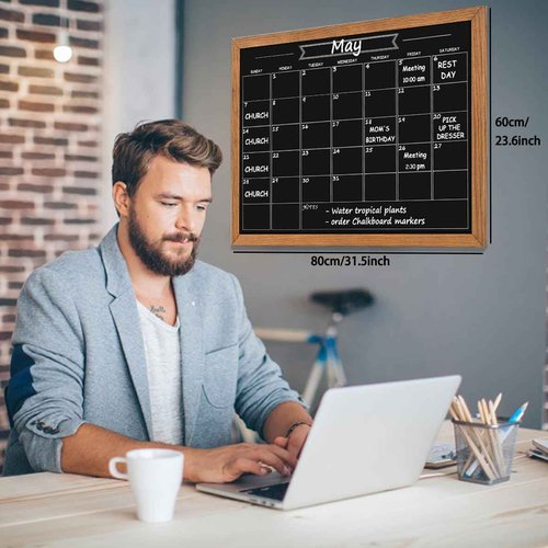 Umtiti Calendar Chalkboard, 23.6" * 31.5", Magnetic Surface Rustic Brown Solid Pine Wood Frame Chalk Board for Planning/School Timetable/Memo, Hanging Board for Office, School and Home(YLHB-QZ-6080)