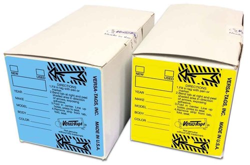 Genuine Versa-Tag Key Tags - Self-Protecting (2 Box Bundle) (250 per Box with Metal Rings - 500 Total) (1 Box Blue and 1 Box Yellow)