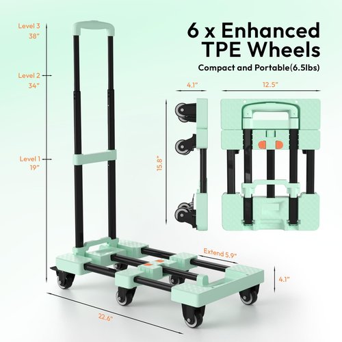 Voipvvii Folding Hand Truck 500lbs, Portable Heavy Duty Dolly Cart, 6 Wheels Collapsible Luggage Cart with 2 Elastic Ropes - Compact Trolley Cart for Easy Moving - Ideal Hand Cart for Travel and More