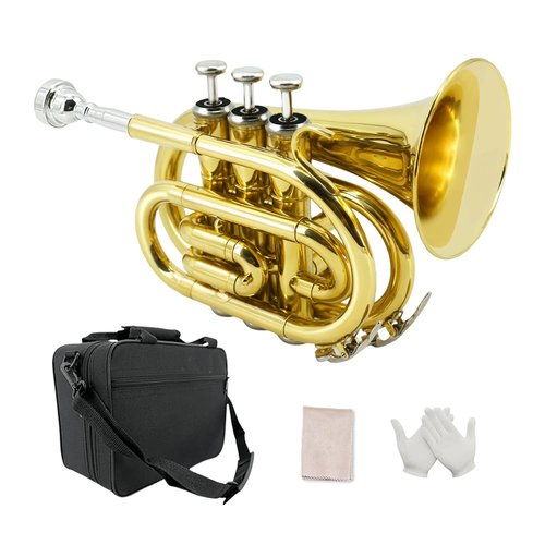 YoungMonic Pocket Trumpet Bb Flat Brass Trumpet for Beginner Student with 7C Mouthpiece Carrying Hard Case Cleaning Cloth Gloves