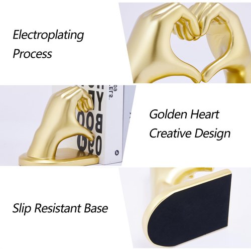 Xmeden Book Ends Heart Design for Mom, Gold Bookends for Shelves, Non-Skid Bookend, Heavy Duty Resin Book Stopper for Books, Decorative Holder, Gifts for Mother's Day 10.43 x 3.93 x 5.51’’, Gold