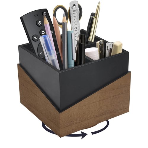 DUO GE MAO Rotating Pen Holder for Desk, Black Pencil Holder Pen Cup with Wood Grain Veneer, Wooden Desktop Pen Organizer Desk Caddy Organizer for Makeup Brush, Flatware, Remote Control