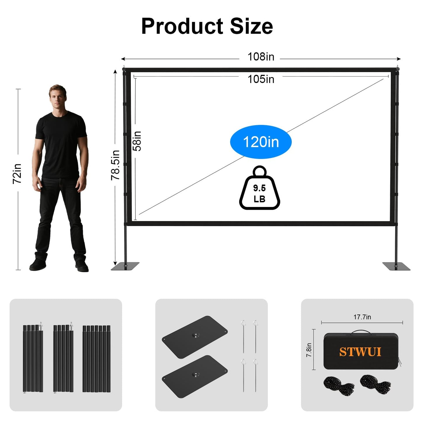 STWUI Outdoor Projector Screen with Stand - 120 Inch Portable Projector Screen Indoor and Outdoor Projector Screens 16:9 4K HD Wrinkle Free Lightweight Movie Screen with Carry Bag,Enioy Movie Nights