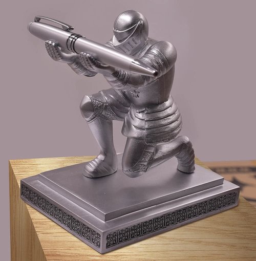 Ofiedx Executive Knight Pen Holder with A Cool Pen, Home Office Desk Organizers Decor Resin Pen Holder, Christmas Gift Idea for Dad, Uncle, Man, Boyfriend, Friends Silver