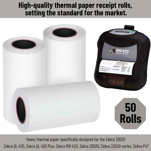 Thermal Printer Paper Rolls compatible with Zebra Printer ZQ520, QL420, RW420, ZQ500, P4T – 80 Feet Thermal Receipt Paper - 50 Rolls – NOT Label