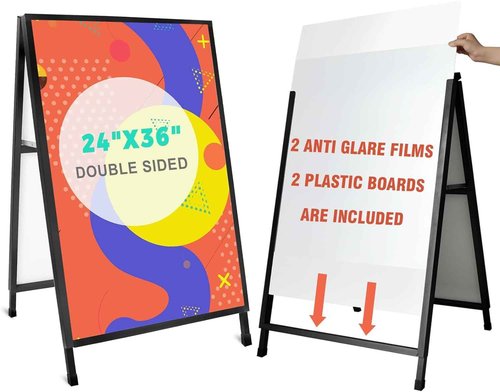SCZS 24x36 Inches Double Sided Heavy Duty Slide-in Folding A-Frame Sidewalk Curb Sign Stand Display Poster Boards Poster Holder Frame Chalkboard Sign, (Black-Metal)