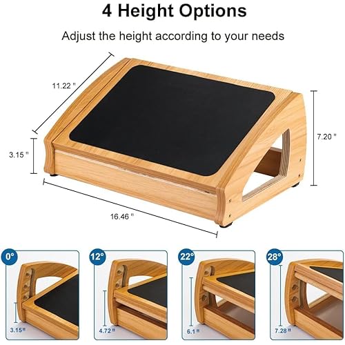 StrongTek Ergonomic Under Desk Footrest, 3 Adjustable Heights Wooden Office Footrest, Large Anti-Slip Surface, Improves Posture and Blood Circulation, up to 400lbs (Natural)
