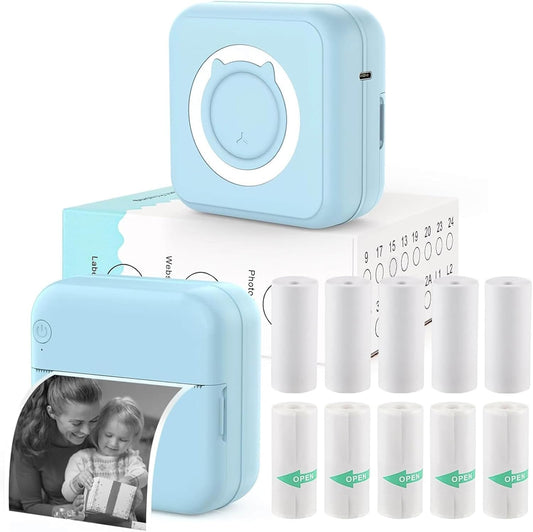 Skiennix Mini Bluetooth Printer - Wireless Sticker Printer with 10 Rolls of Paper for iPhone/Android